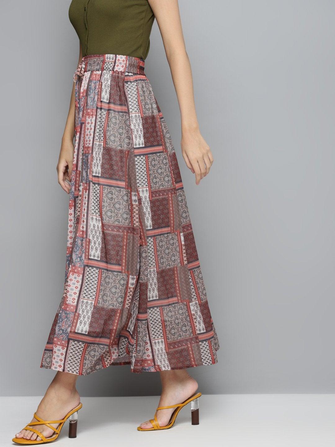 Women's Brown Patch Print Flared Maxi Skirt - SASSAFRAS - Indiakreations