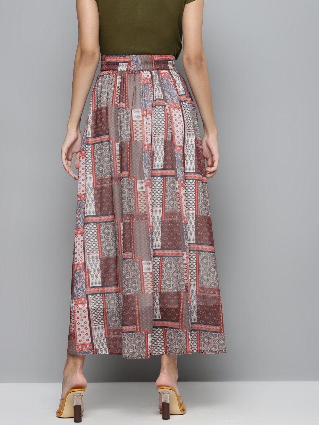 Women's Brown Patch Print Flared Maxi Skirt - SASSAFRAS - Indiakreations