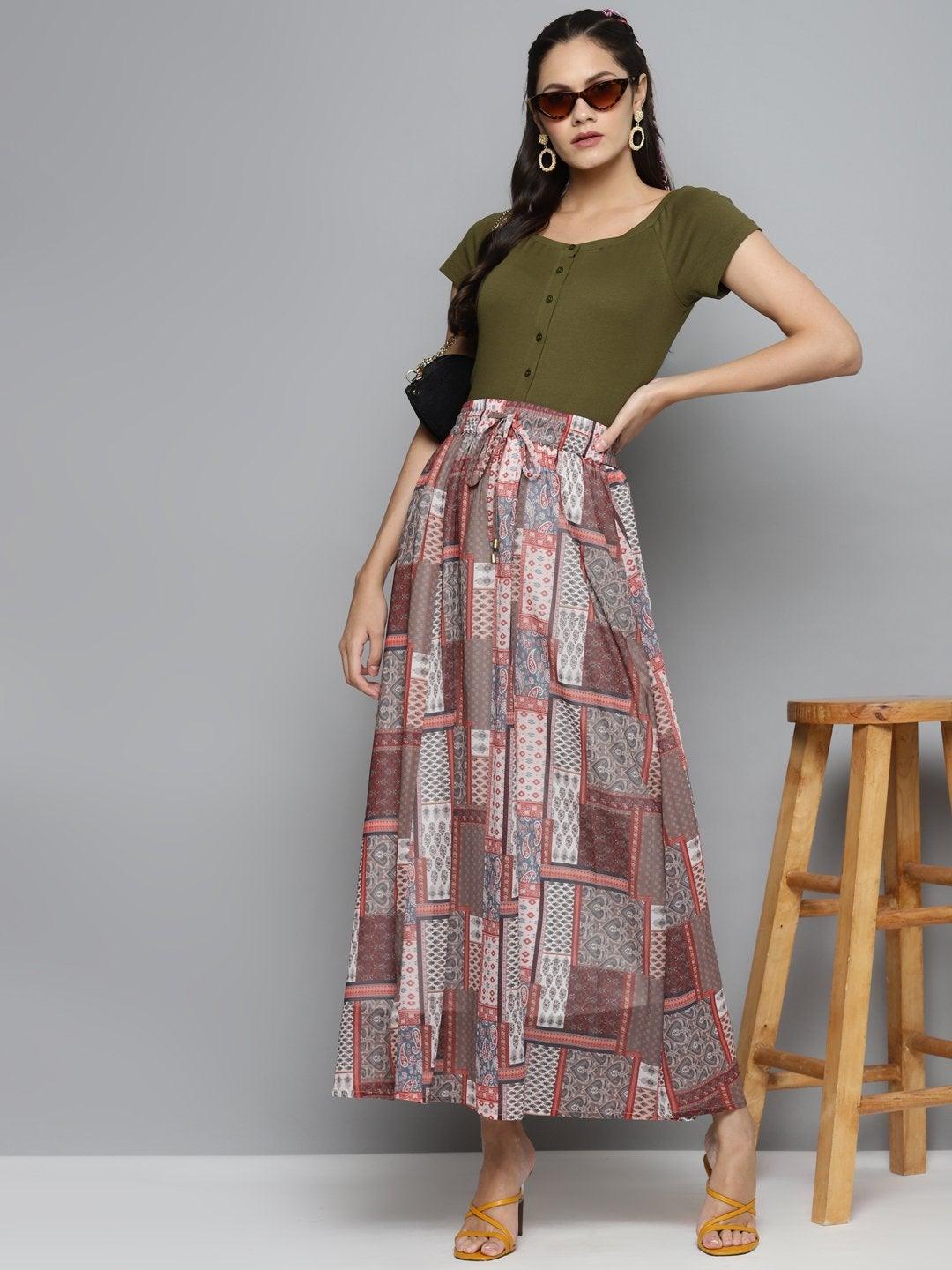 Women's Brown Patch Print Flared Maxi Skirt - SASSAFRAS - Indiakreations