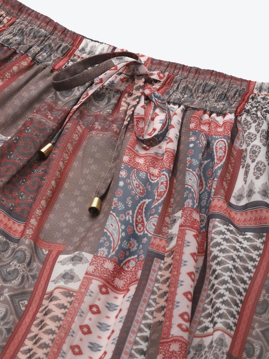 Women's Brown Patch Print Flared Maxi Skirt - SASSAFRAS - Indiakreations