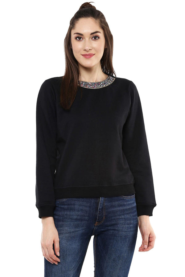 Women's Blingy Neck Black Sweatshirt - SASSAFRAS