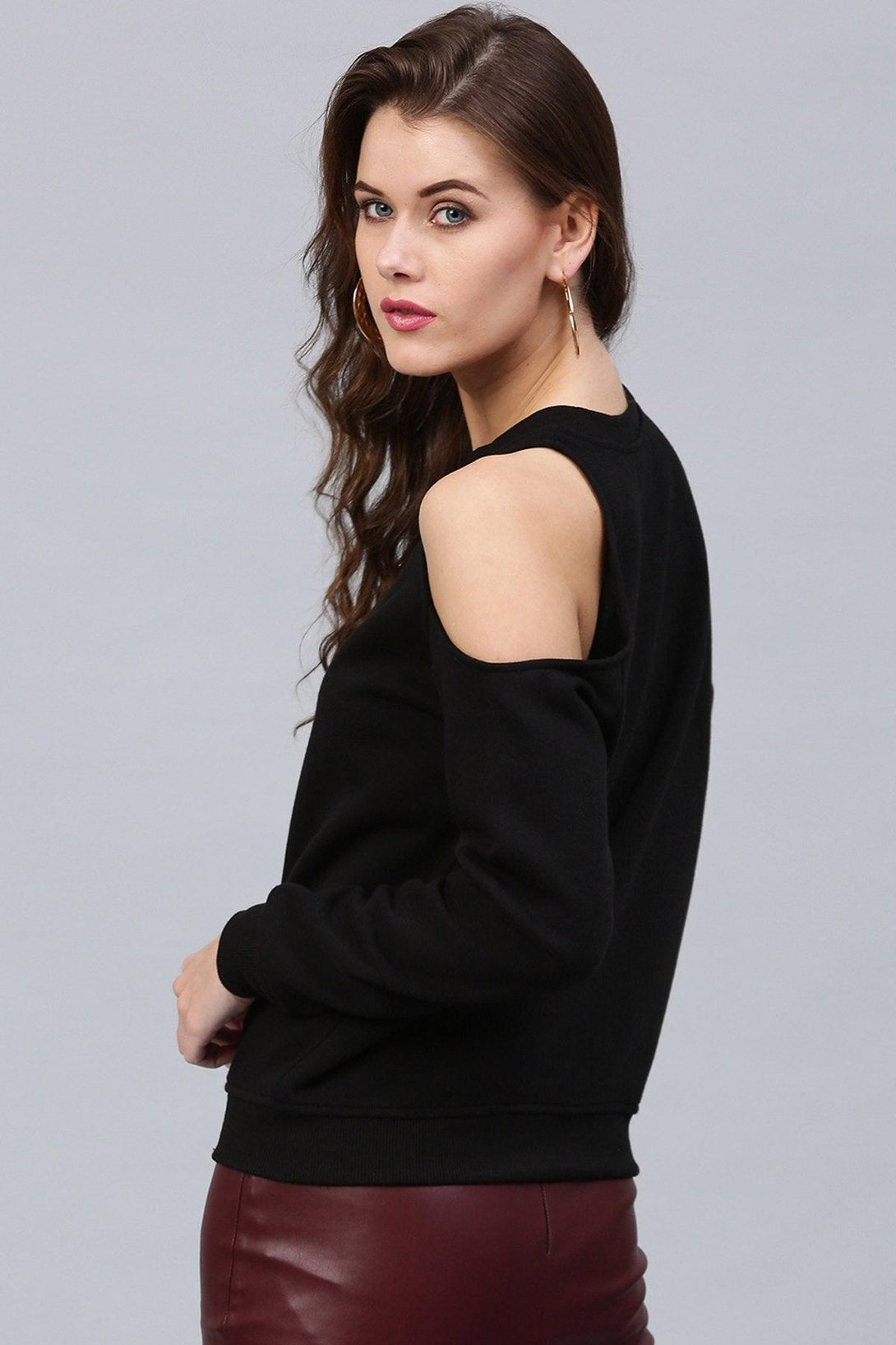 Women's One Cold Shoulder Black Sweatshirt - SASSAFRAS - Indiakreations