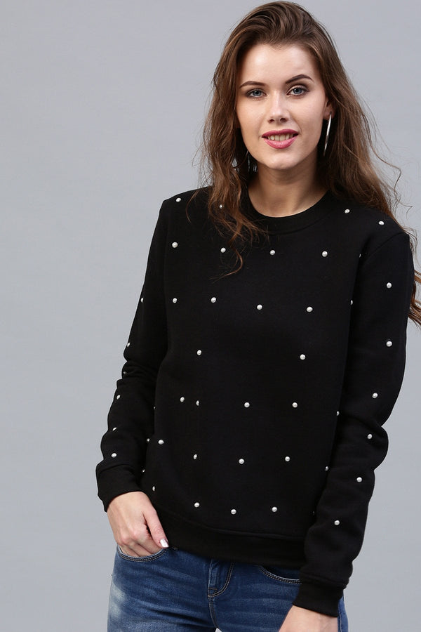 Women's Pearl Beaded Black Sweatshirt - SASSAFRAS