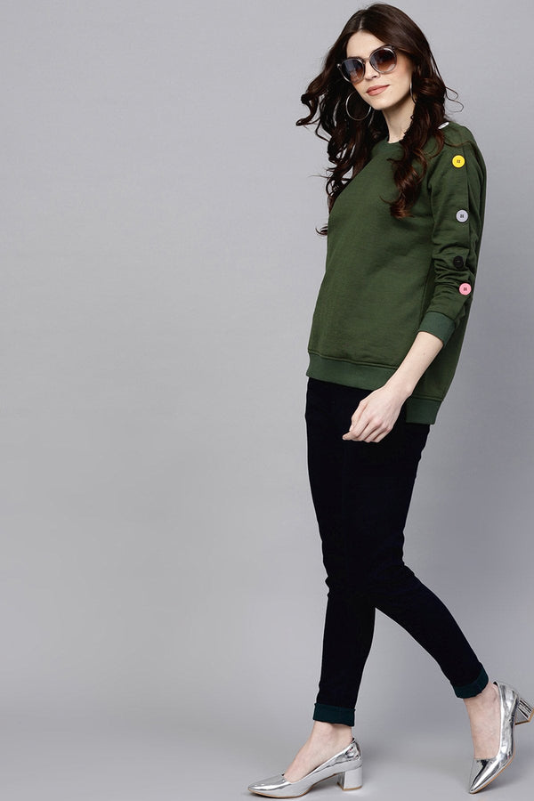 Women's Olive Sweatshirt With Colored Buttons - SASSAFRAS