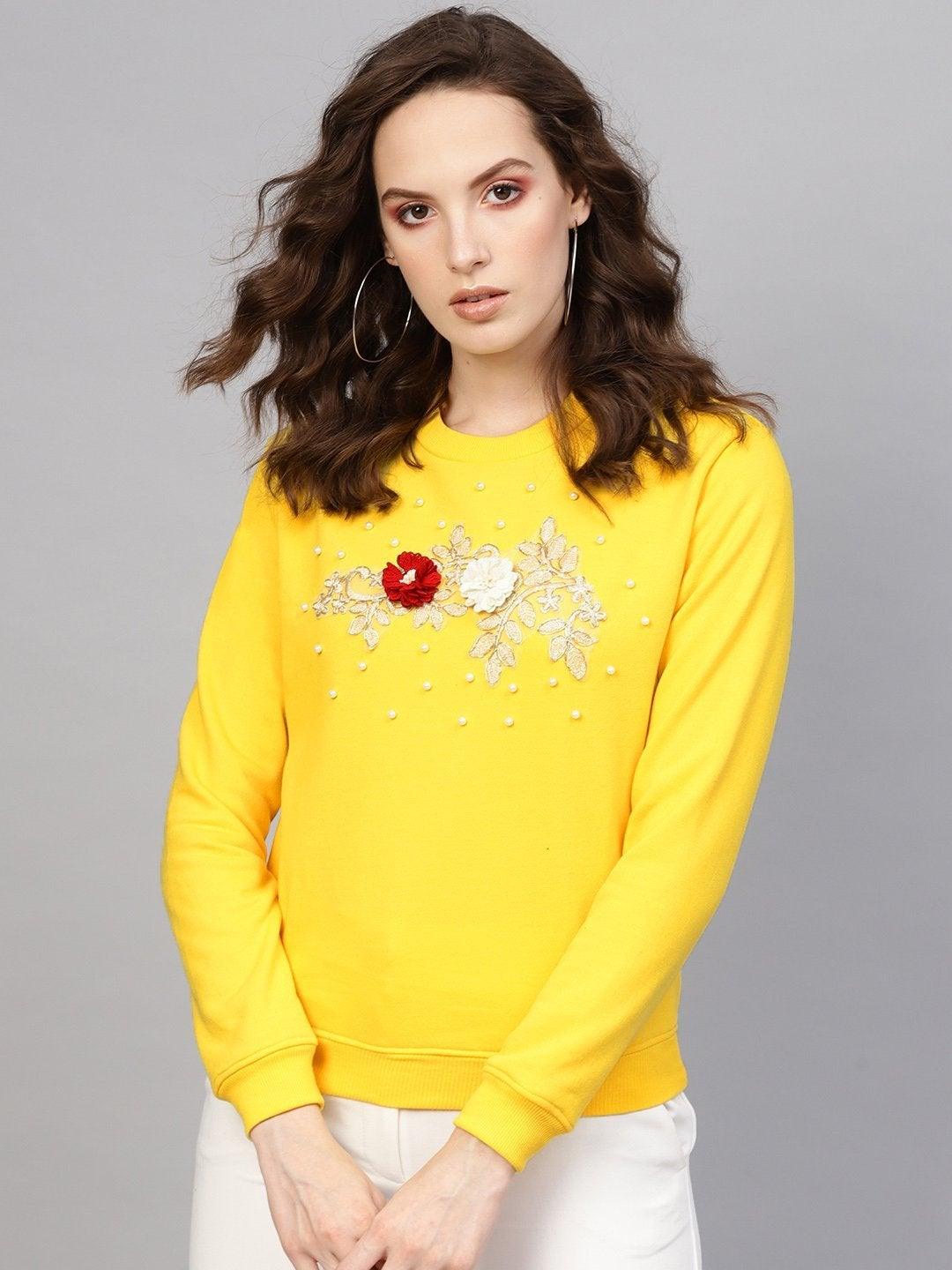 Women's Yellow Floral Patch Sweatshirt - SASSAFRAS - Indiakreations