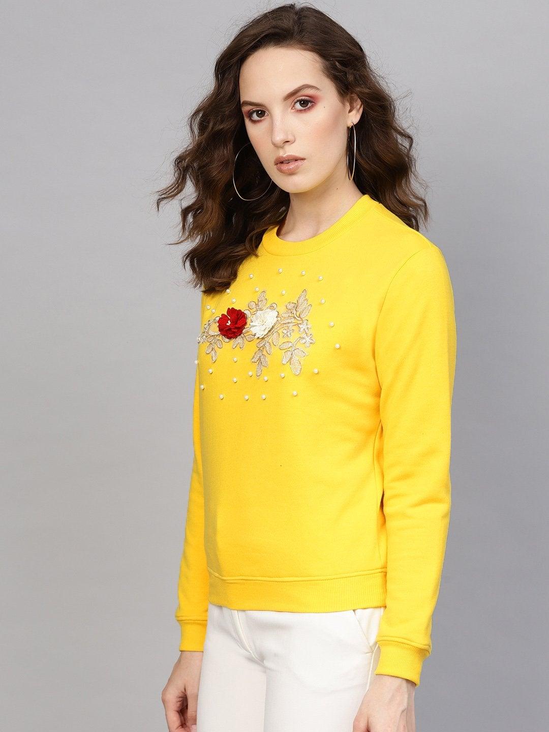 Women's Yellow Floral Patch Sweatshirt - SASSAFRAS - Indiakreations