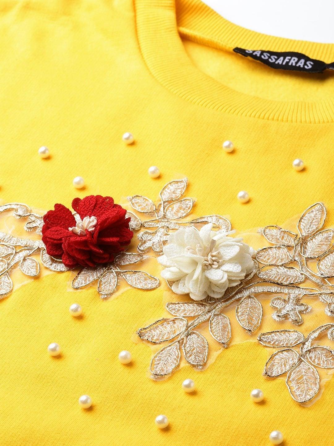 Women's Yellow Floral Patch Sweatshirt - SASSAFRAS - Indiakreations