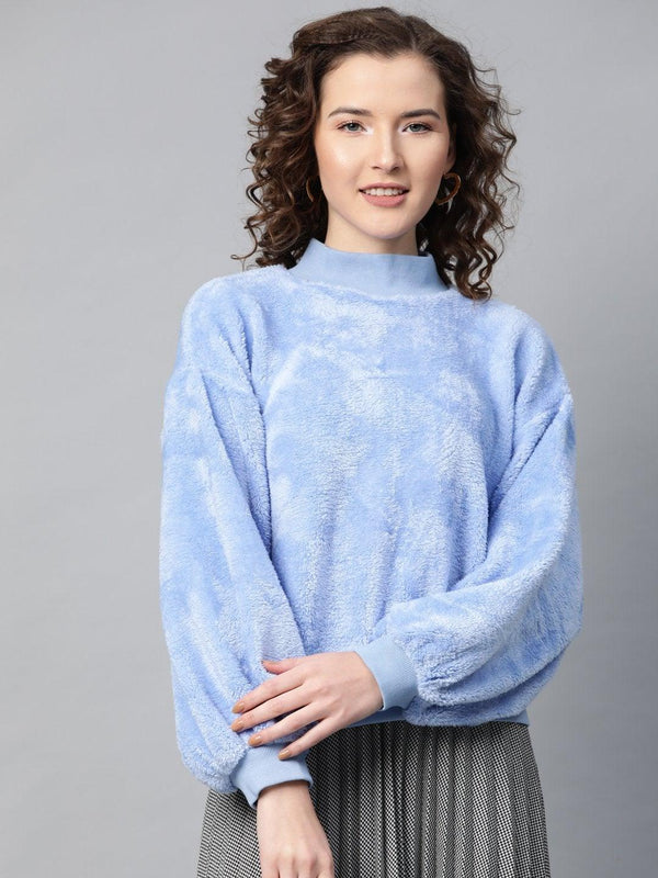 Women's Blue Balloon Sleeve Faux Fur Sweatshirt - SASSAFRAS - Indiakreations