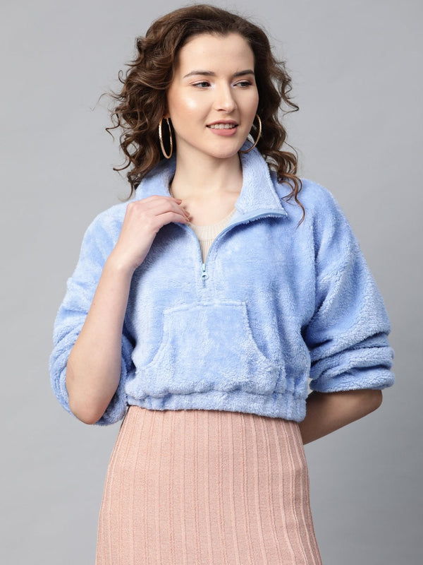 Women's Blue Kangaroo Pocket Faux Fur Crop Sweatshirt - SASSAFRAS - Indiakreations