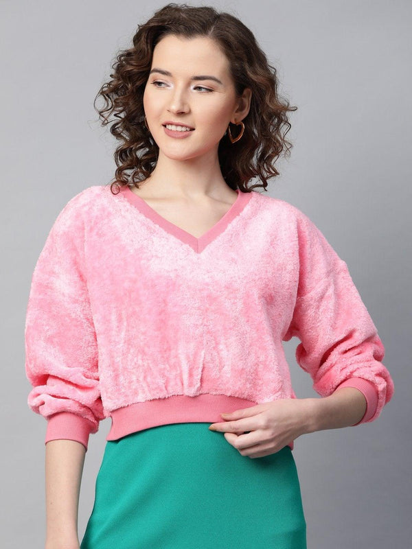 Women's Pink V-Neck Faux Fur Crop Sweatshirt - SASSAFRAS - Indiakreations