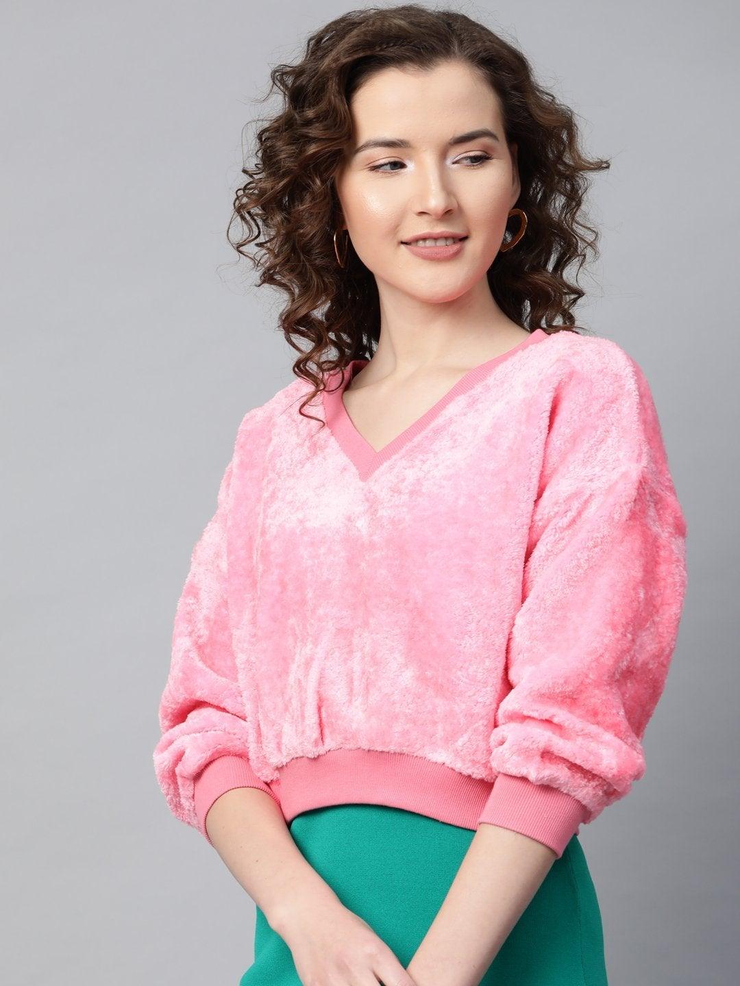 Women's Pink V-Neck Faux Fur Crop Sweatshirt - SASSAFRAS - Indiakreations