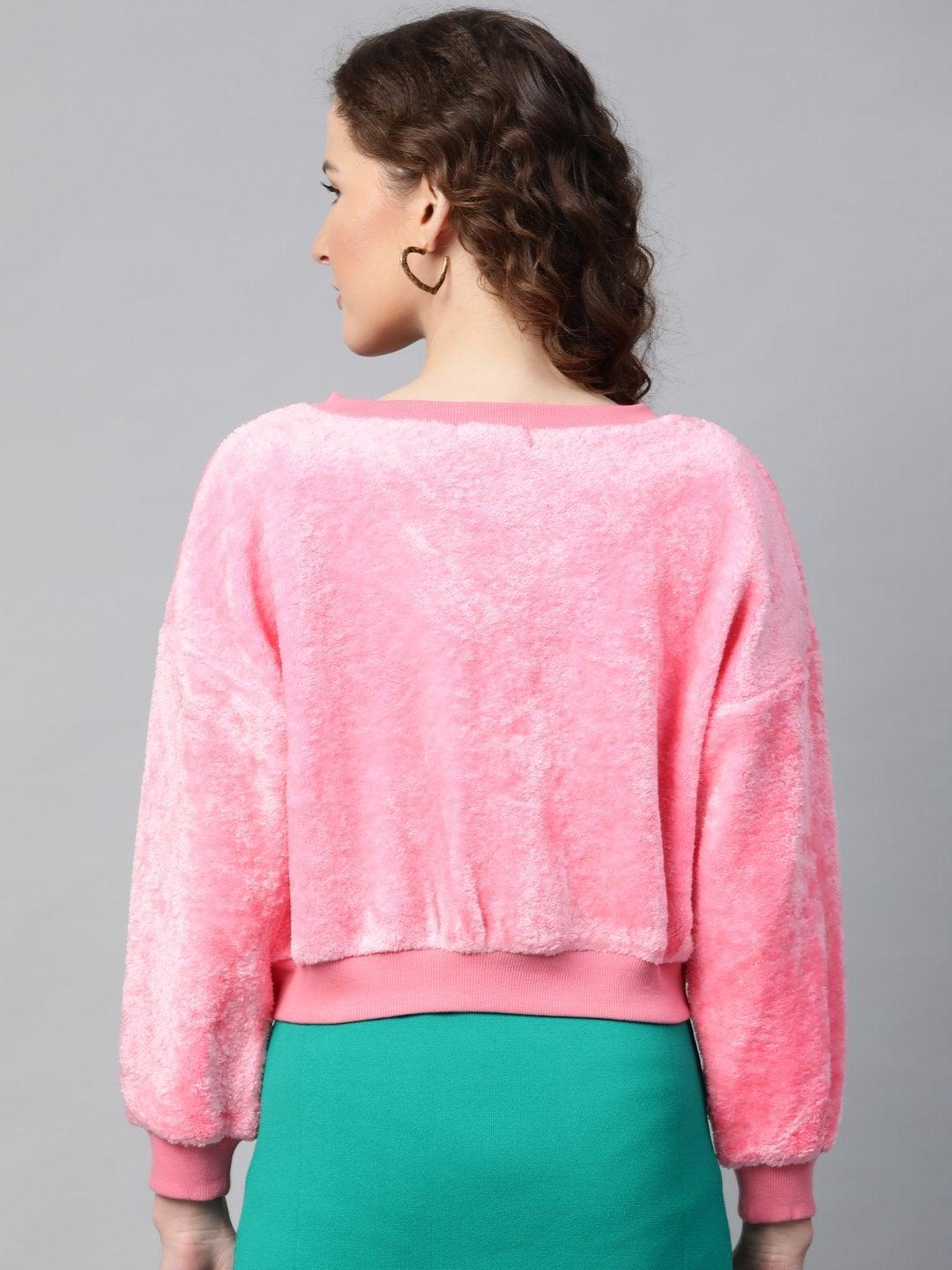 Women's Pink V-Neck Faux Fur Crop Sweatshirt - SASSAFRAS - Indiakreations