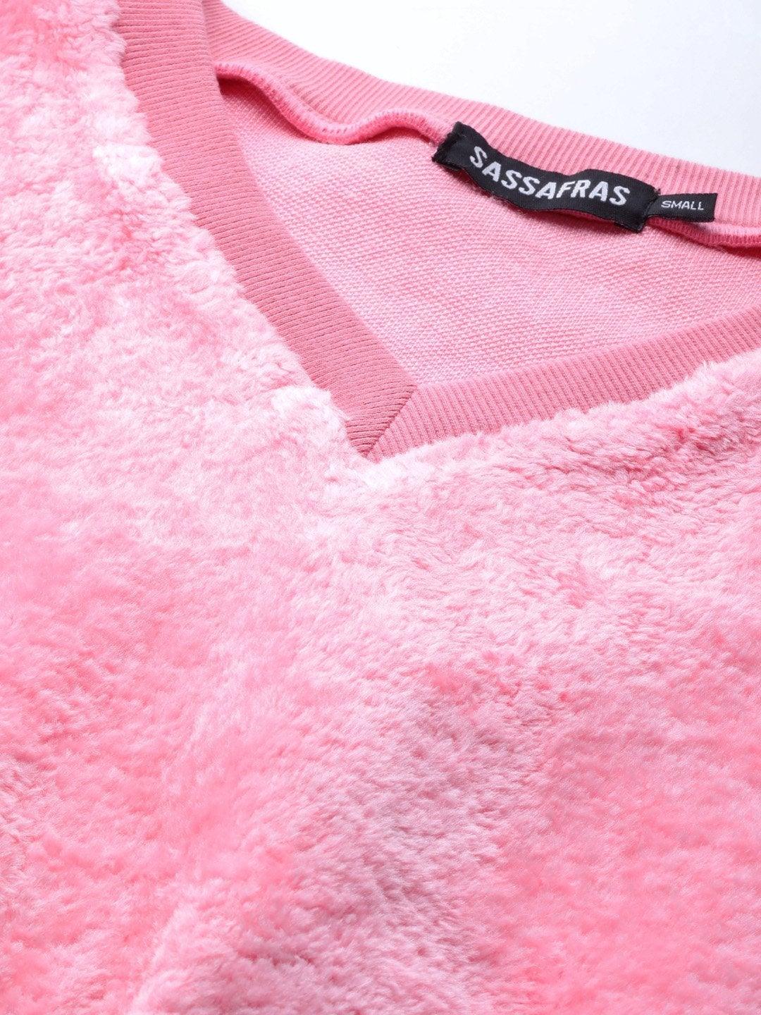 Women's Pink V-Neck Faux Fur Crop Sweatshirt - SASSAFRAS - Indiakreations