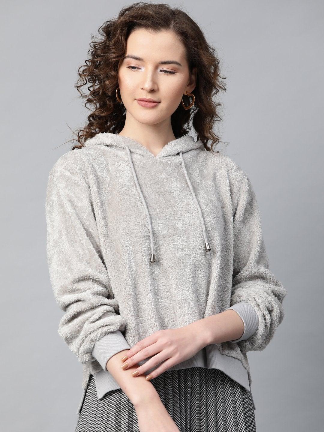 Women's Grey Hooded Faux Fur Sweatshirt - SASSAFRAS - Indiakreations