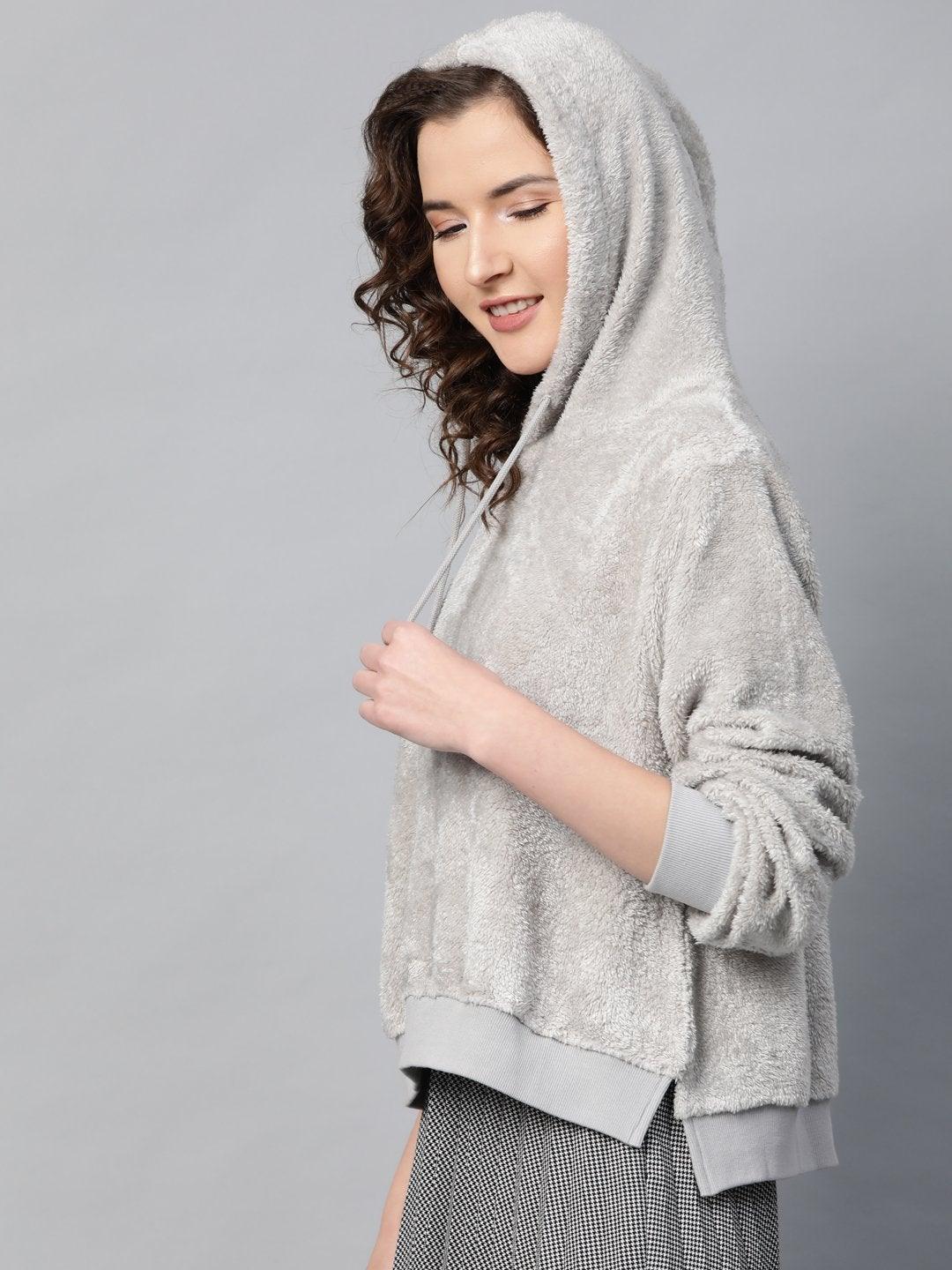 Women's Grey Hooded Faux Fur Sweatshirt - SASSAFRAS - Indiakreations