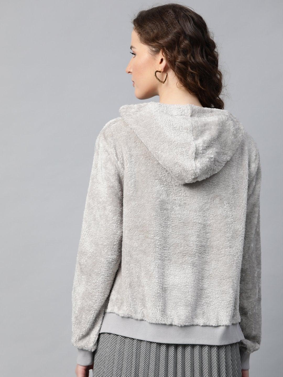 Women's Grey Hooded Faux Fur Sweatshirt - SASSAFRAS - Indiakreations