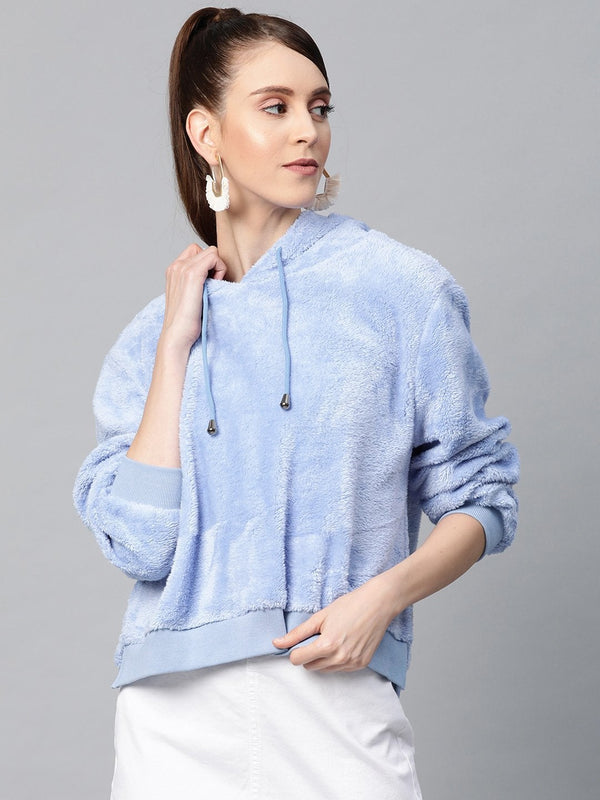 Women's Blue Hooded Faux Fur Sweatshirt - SASSAFRAS