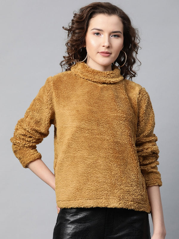 Women's Mustard High Neck Faux Fur Sweatshirt - SASSAFRAS