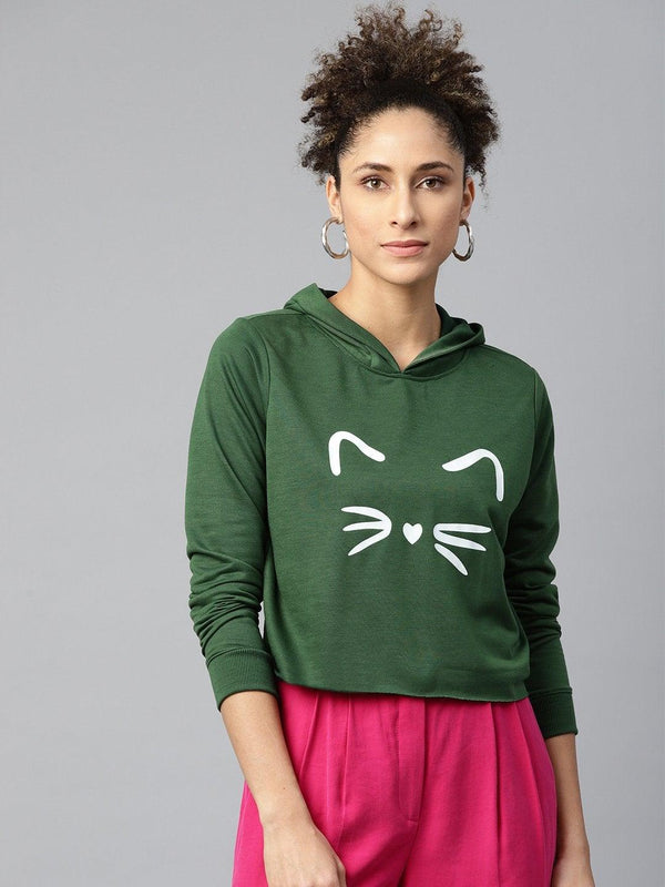 Women's Green Kitty Face Crop Hoodie Sweatshirt - SASSAFRAS - Indiakreations