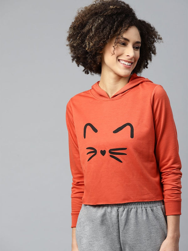 Women's Rust Kitty Face Crop Hoodie Sweatshirt - SASSAFRAS