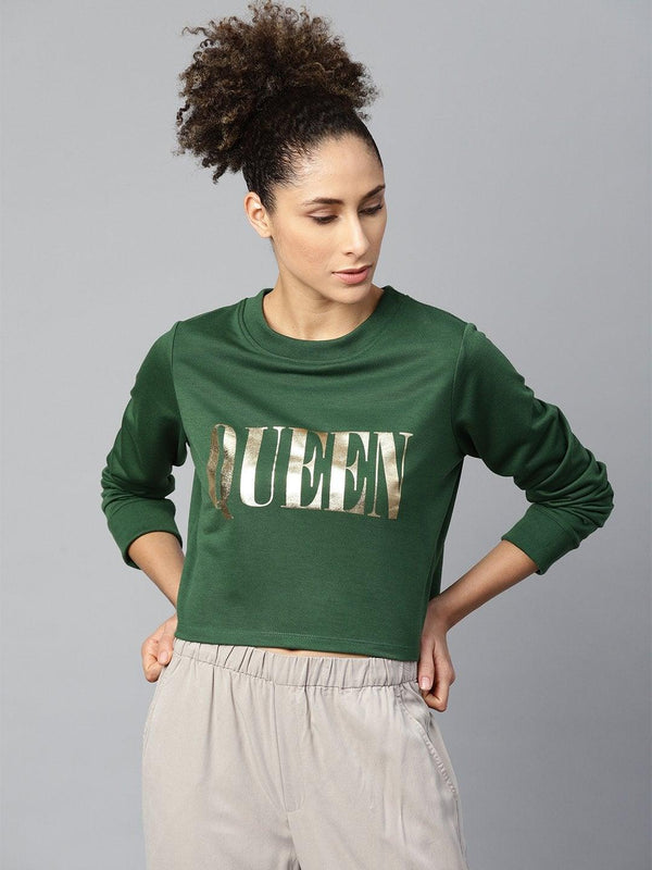 Women's Green Queen-Print Crop Sweatshirt - SASSAFRAS - Indiakreations