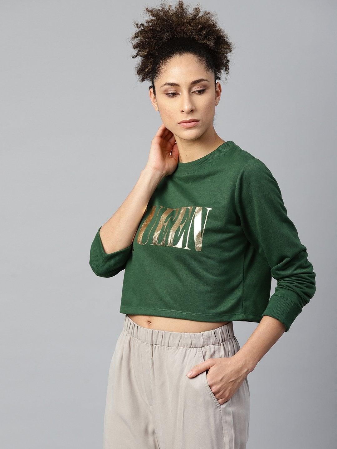 Women's Green Queen-Print Crop Sweatshirt - SASSAFRAS - Indiakreations