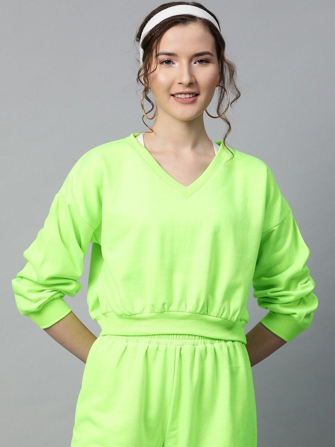 Women's Neon Green V-Neck Crop Sweatshirt - SASSAFRAS - Indiakreations