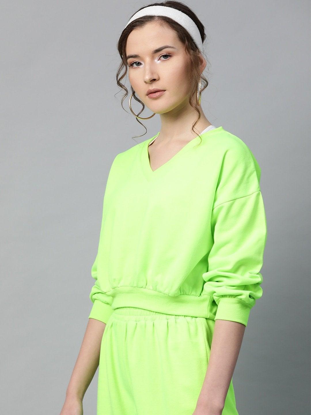 Women's Neon Green V-Neck Crop Sweatshirt - SASSAFRAS - Indiakreations