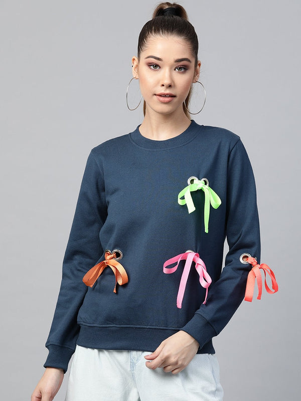 Women's Teal Multicolor Ribbon Detail Sweatshirt - SASSAFRAS