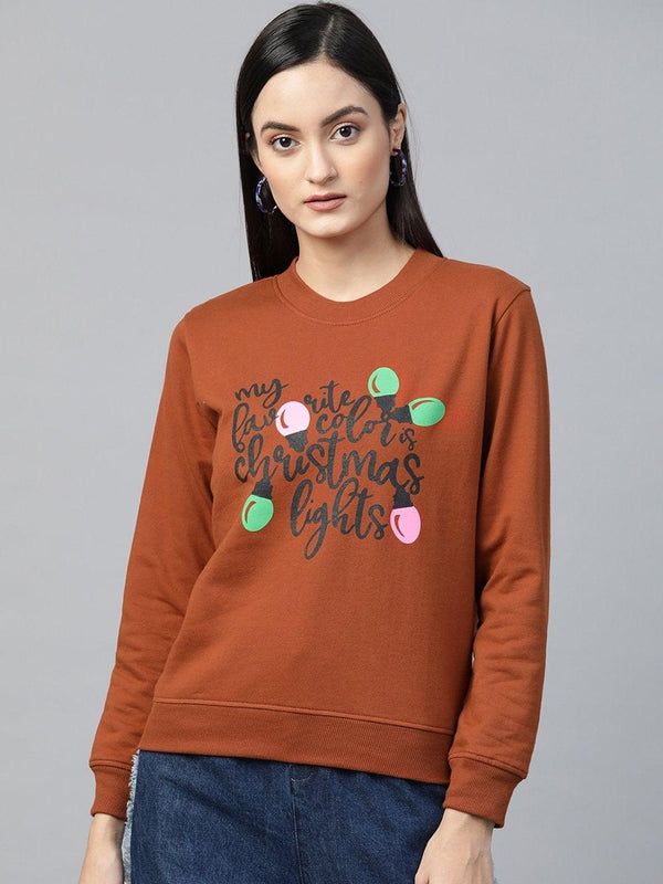 Women's Brown Christmas Neon Lights Print Sweatshirt - SASSAFRAS - Indiakreations