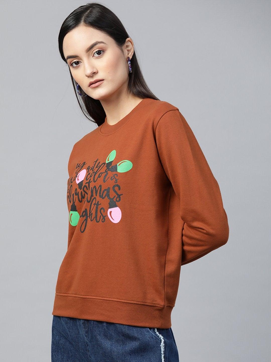 Women's Brown Christmas Neon Lights Print Sweatshirt - SASSAFRAS - Indiakreations