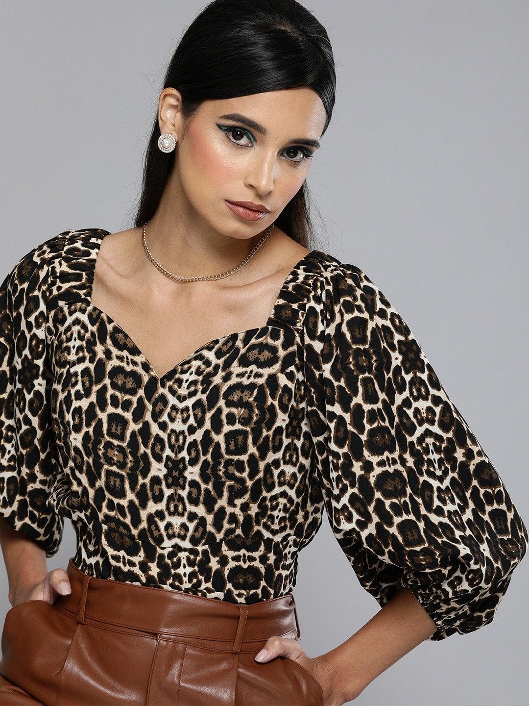 Women's Black Cheetah Puff Sleeve Crop Top - SASSAFRAS - Indiakreations