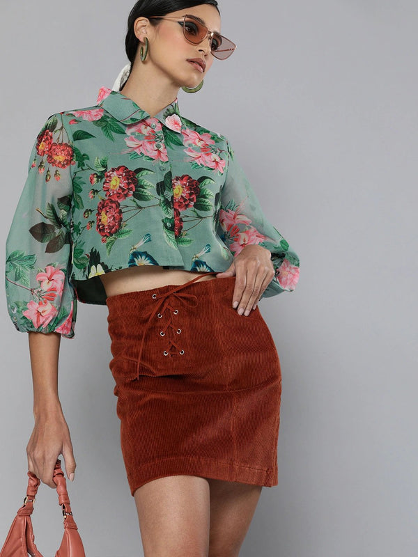 Women's Olive Floral Organza Shirt Style Crop Top - SASSAFRAS