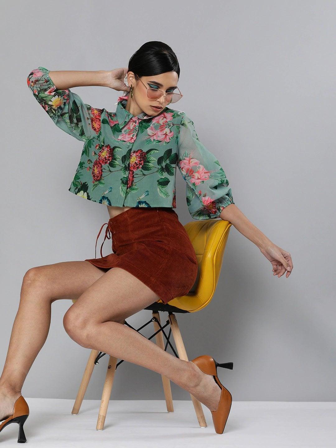 Women's Olive Floral Organza Shirt Style Crop Top - SASSAFRAS - Indiakreations