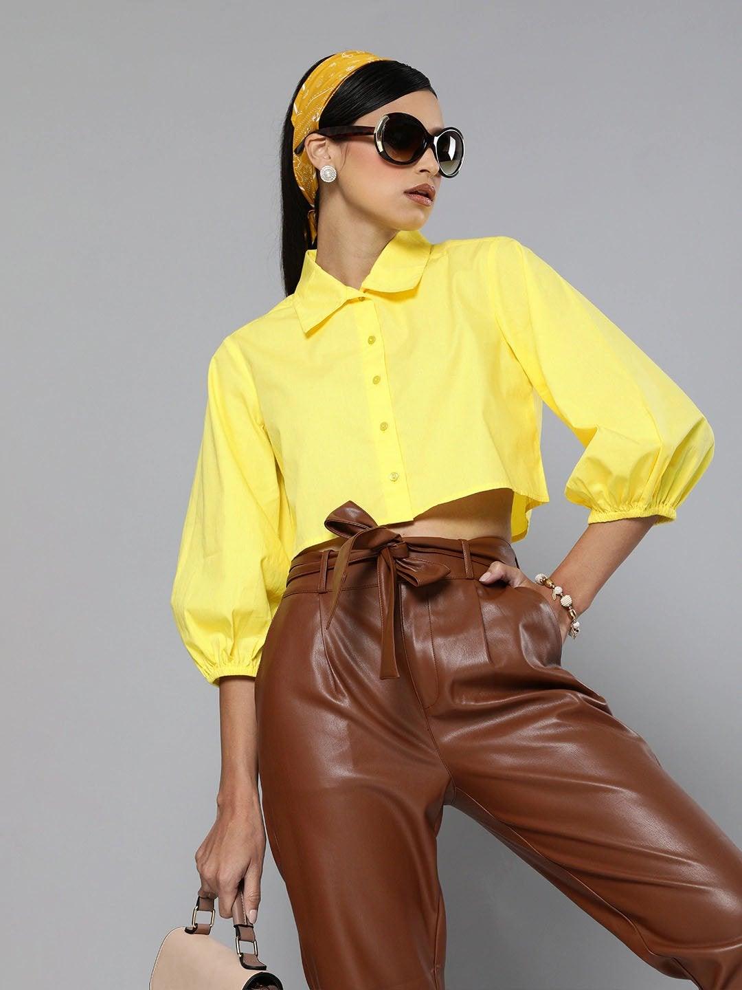 Women's Yellow Loose Fit Shirt Style Top - SASSAFRAS - Indiakreations