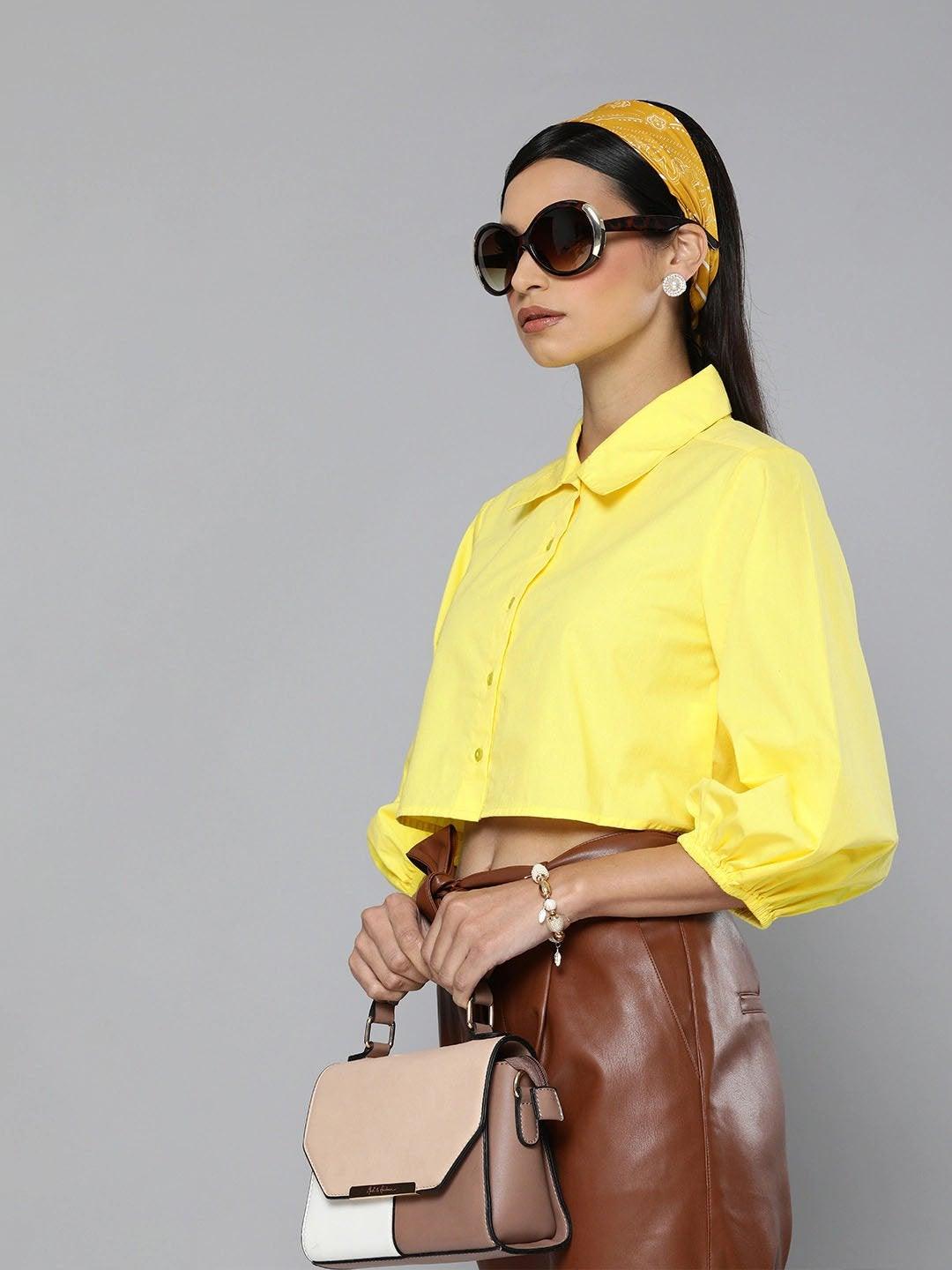 Women's Yellow Loose Fit Shirt Style Top - SASSAFRAS - Indiakreations