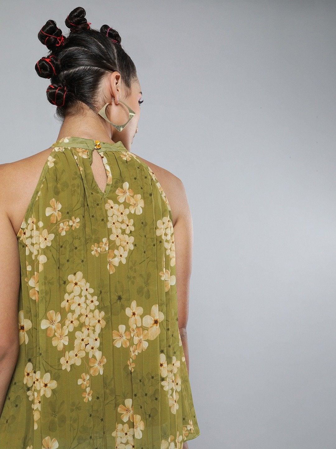 Women's Olive Floral Pleated Halter Top - SASSAFRAS - Indiakreations