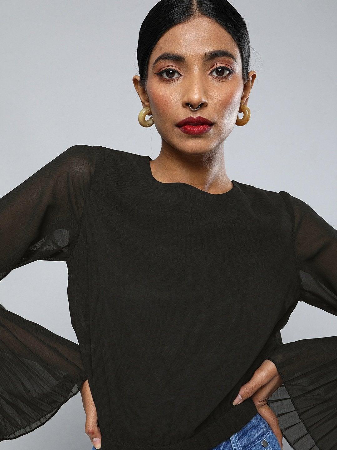 Women's Black Pleated-Sleeves Crop Top - SASSAFRAS - Indiakreations