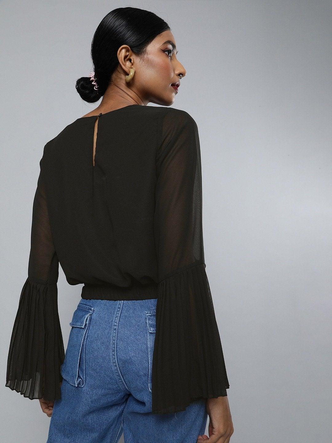 Women's Black Pleated-Sleeves Crop Top - SASSAFRAS - Indiakreations