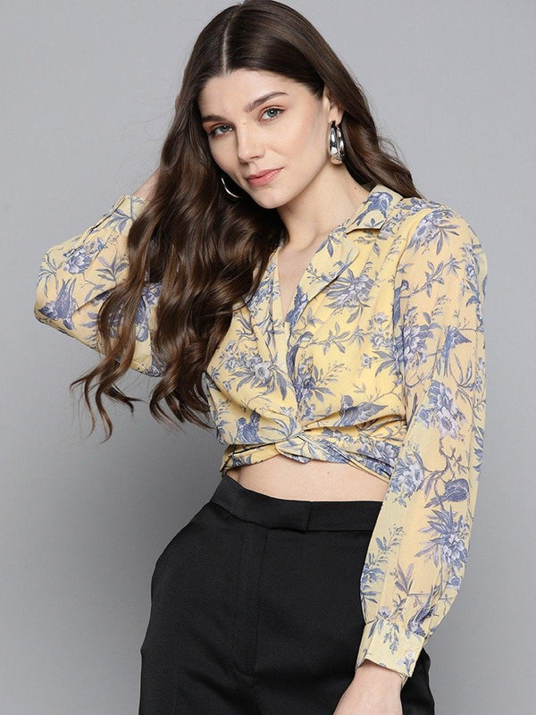 Women's Yellow Floral Tie Knot Crop Shirt Top - SASSAFRAS - Indiakreations