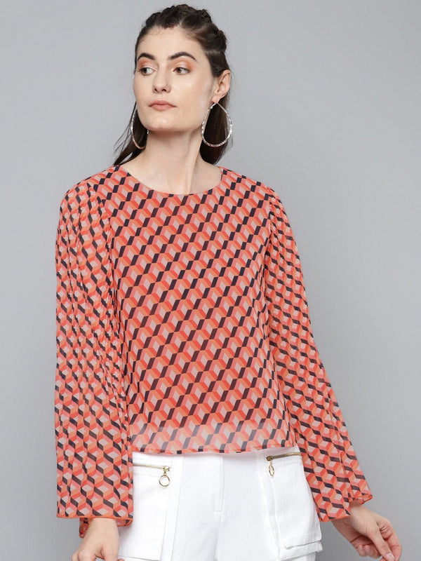 Women's Orange Geo Print Pleated Top - SASSAFRAS