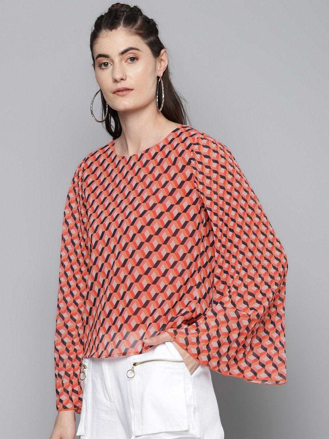 Women's Orange Geo Print Pleated Top - SASSAFRAS - Indiakreations