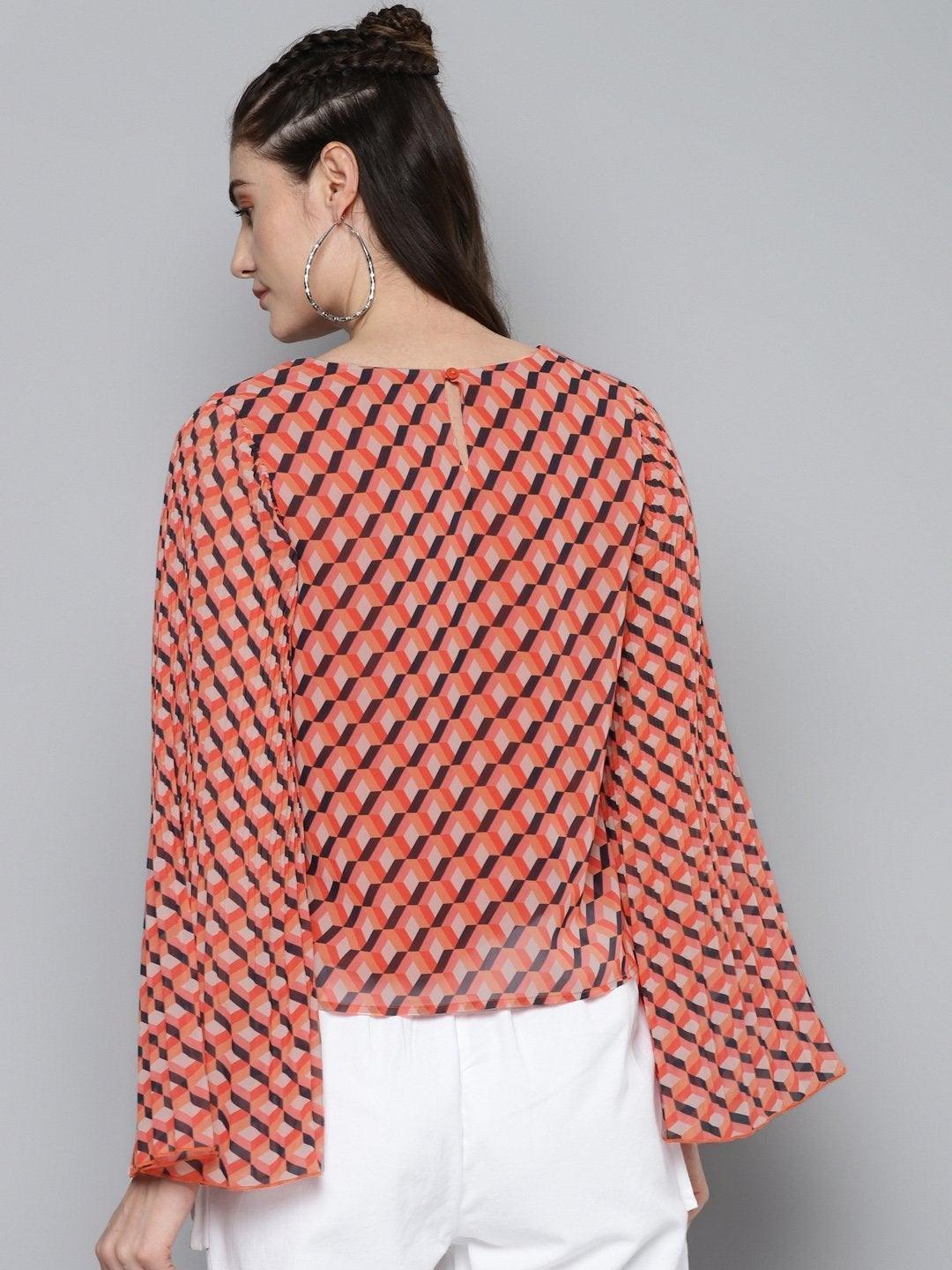 Women's Orange Geo Print Pleated Top - SASSAFRAS - Indiakreations