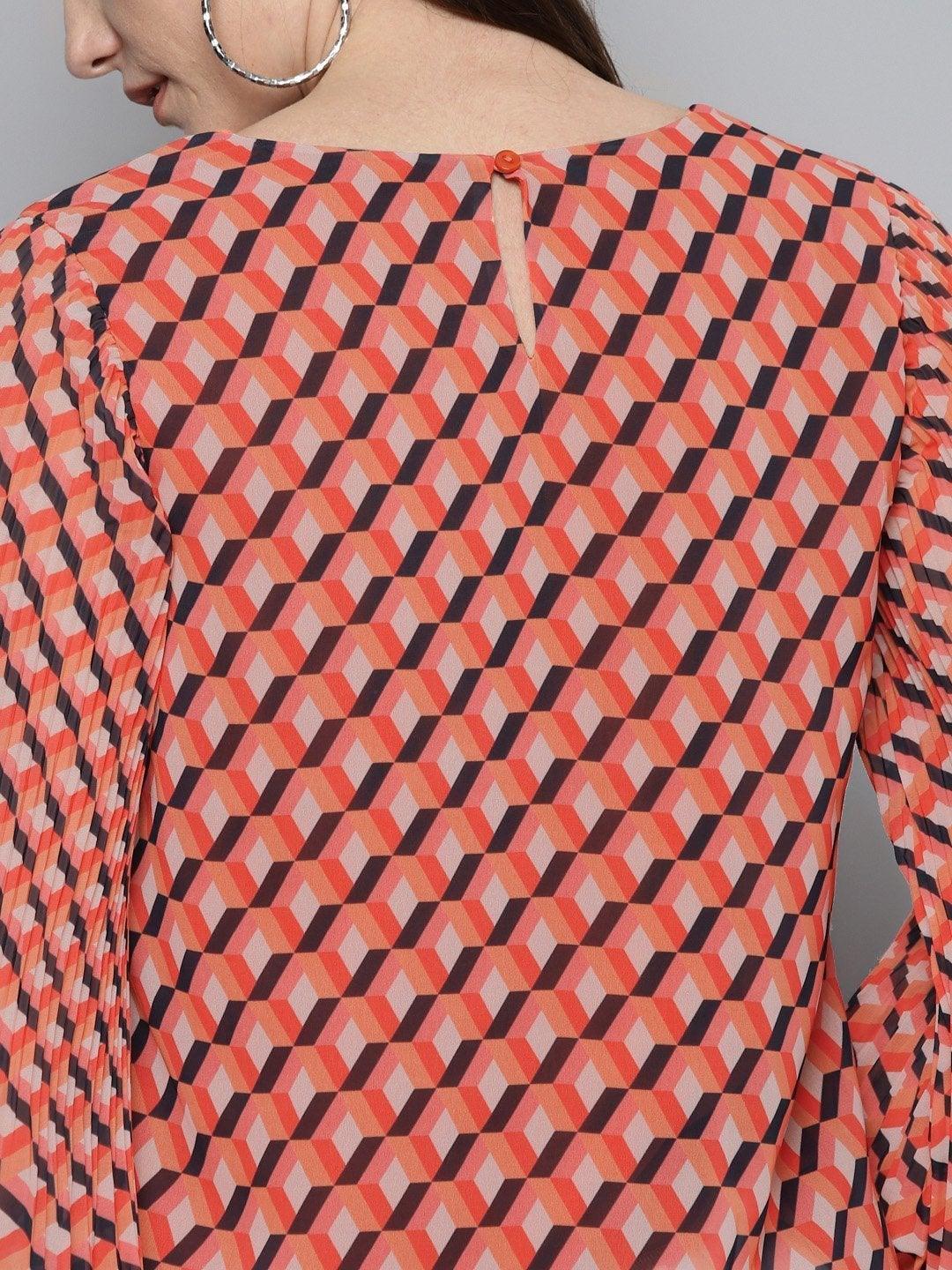 Women's Orange Geo Print Pleated Top - SASSAFRAS - Indiakreations