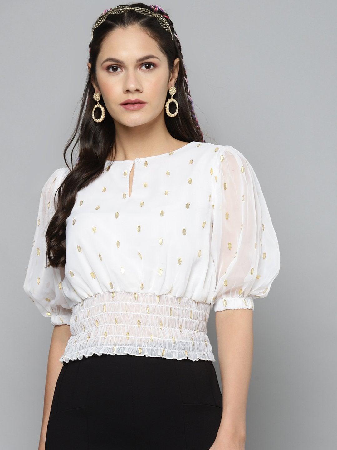 Women's White Lurex Smocked Waist Top - SASSAFRAS - Indiakreations