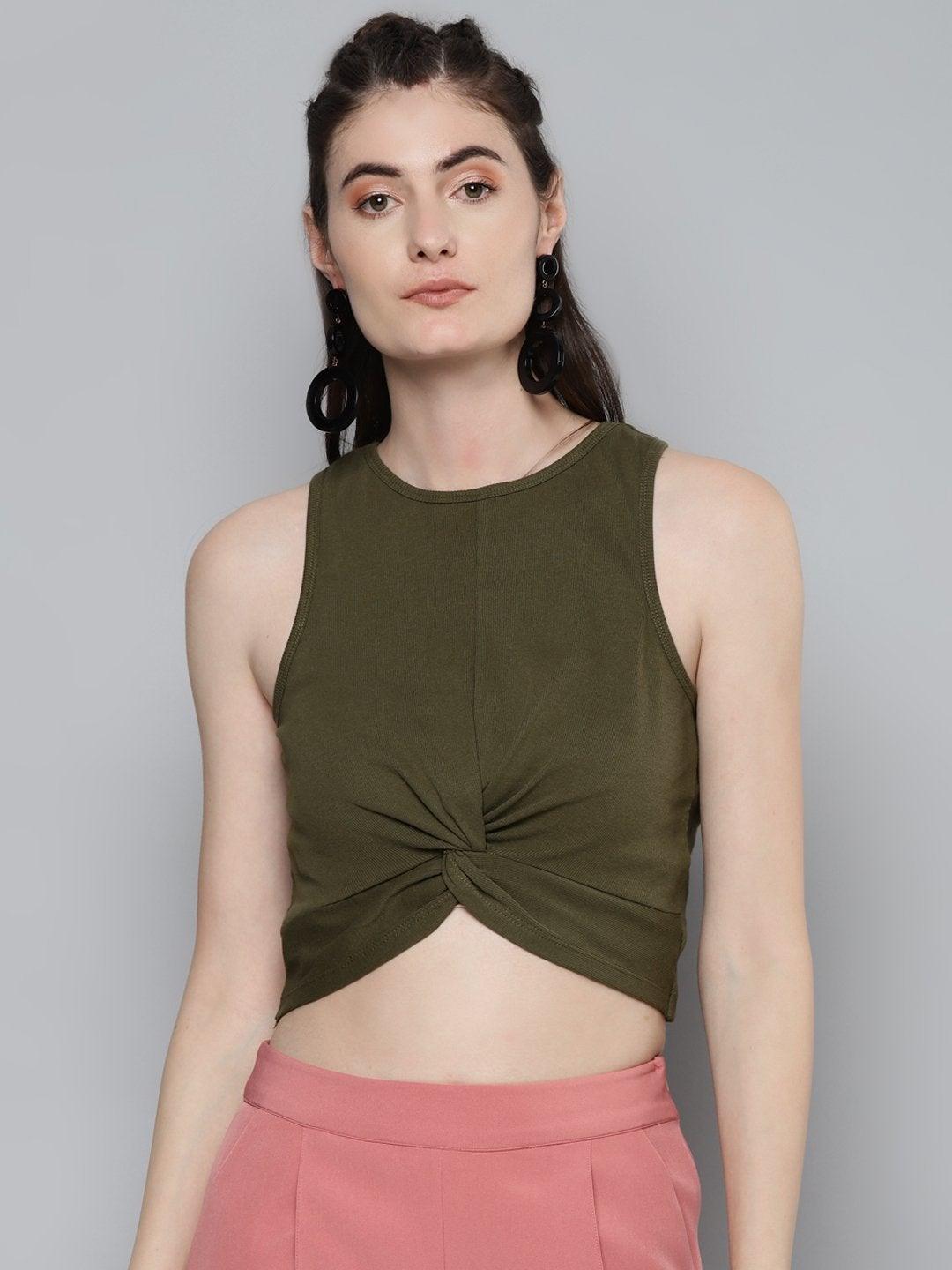 Women's Olive Front Knot Crop Top - SASSAFRAS - Indiakreations