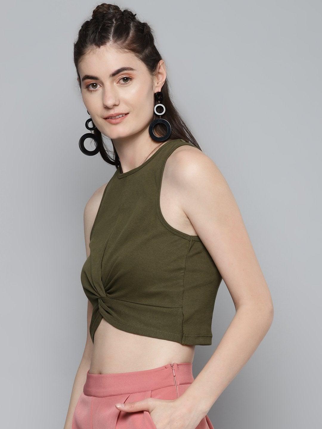 Women's Olive Front Knot Crop Top - SASSAFRAS - Indiakreations