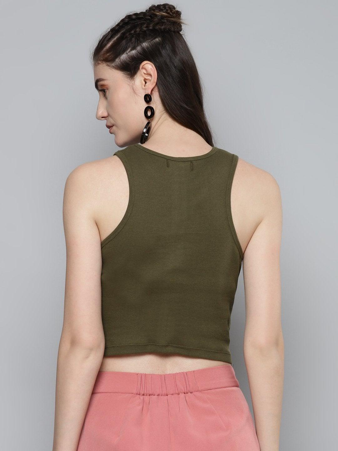 Women's Olive Front Knot Crop Top - SASSAFRAS - Indiakreations