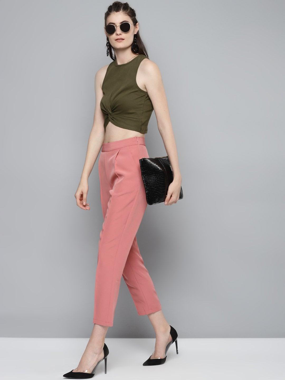 Women's Olive Front Knot Crop Top - SASSAFRAS - Indiakreations