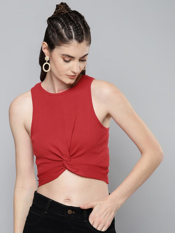 Women's Red Front Knot Crop Top - SASSAFRAS